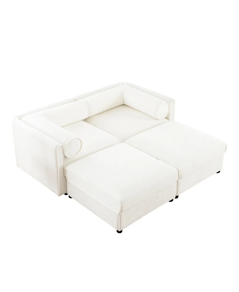Streamdale Furniture White Chenille 2-Seater Sofa with Storage Ottomans