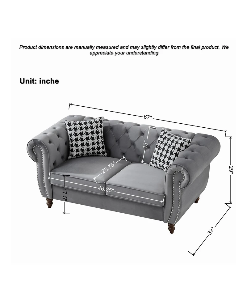 Streamdale Chesterfield Velvet Sofa Set, Roll Arm, Nailhead Trim, Gray