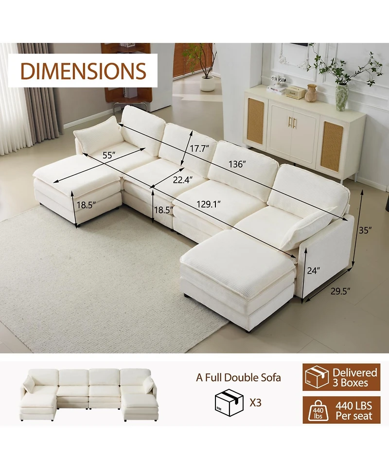 Streamdale Plush Cloud Modular Sofa- 4-Seater + 2 Footstools, Beige Chenille Cushions & Pillows