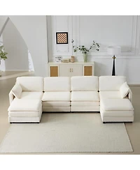Streamdale Plush Cloud Modular Sofa- 4-Seater + 2 Footstools, Beige Chenille Cushions & Pillows