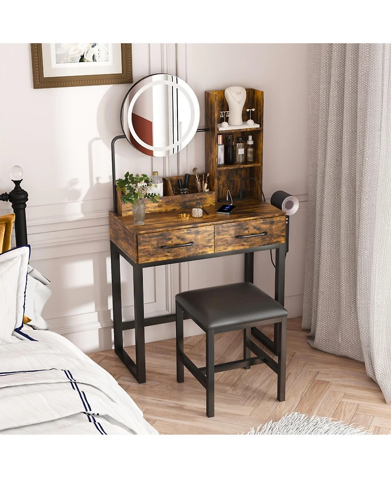 Streamdale Furniture Led Lighted Makeup Vanity Table with Drawers & Chair