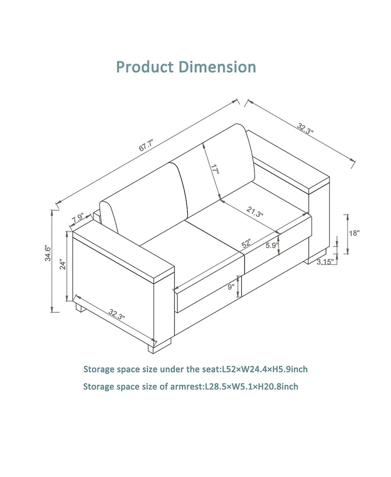 Streamdale Furniture Modern Faux Leather Loveseat with Cup Holder & Storage