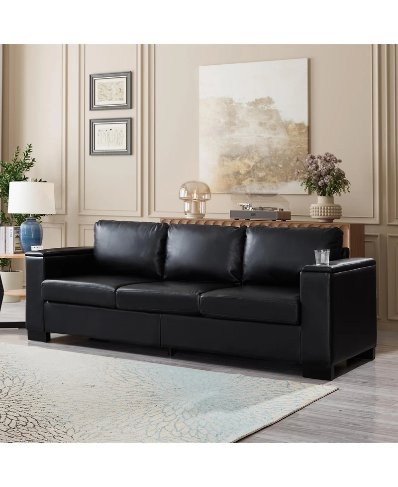 Streamdale Furniture Modern Black Faux Sofa with Cup Holder & Storage