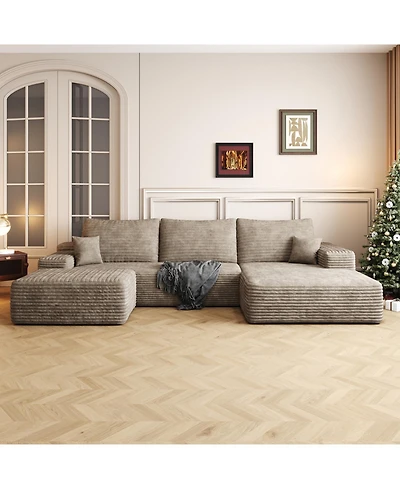 Streamdale Furniture 107" Cloud Sectional Sofa with Ottoman, Modern Upholstered Couch, Camel Corduroy