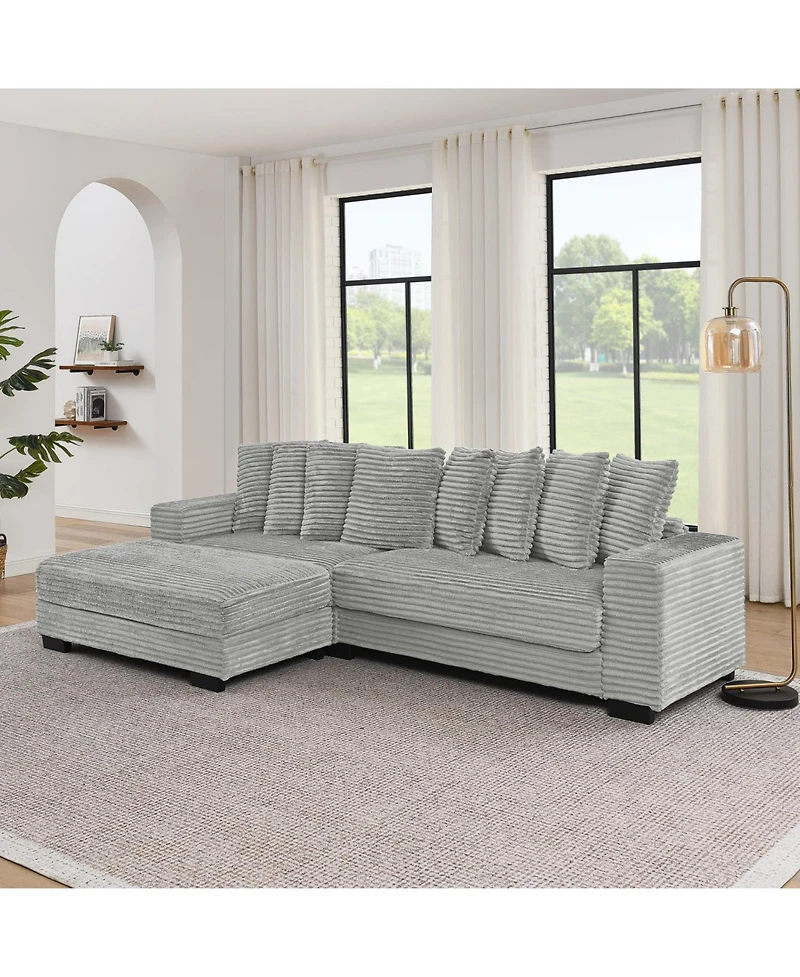 Streamdale Furniture Corduroy Tufted Sleeper Sectional Sofa, L-Shaped Modular Convertible - Gray