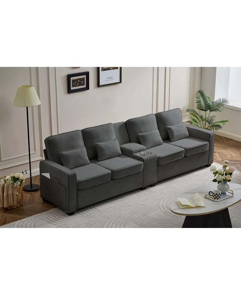 Streamdale 114" Sofa w/ Console, Cupholders, Usb Ports, Pillows - Dark Gray