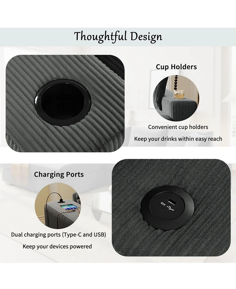 Streamdale Furniture Large Sectional Sofa- Thick Cushions, Cup Holders & Charging