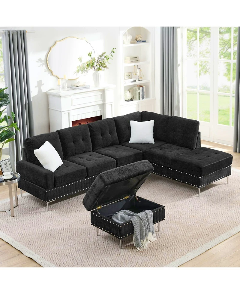 Streamdale Furniture Sectional Sofa with Reversible Chaise, Storage Ottoman, Metal Legs, Pillows, Black