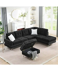 Streamdale Furniture Sectional Sofa with Reversible Chaise, Storage Ottoman, Metal Legs, Pillows, Black