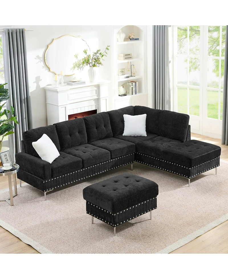 Streamdale Furniture Sectional Sofa with Reversible Chaise, Storage Ottoman, Metal Legs, Pillows, Black