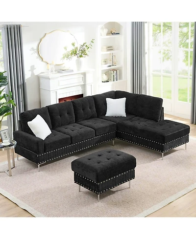 Streamdale Furniture Sectional Sofa with Reversible Chaise, Storage Ottoman, Metal Legs, Pillows, Black