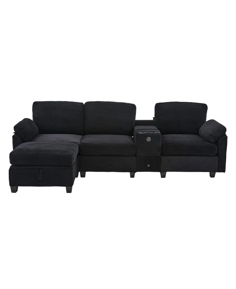 Streamdale Furniture L-Shape Corduroy Sofa- 4-Seater, Usb, Storage