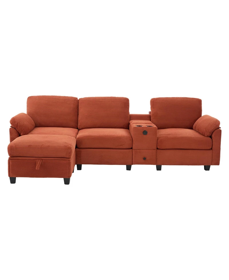 Streamdale Furniture L-Shape Corduroy Sofa- 4-Seater, Usb, Storage, Console & Ottoman
