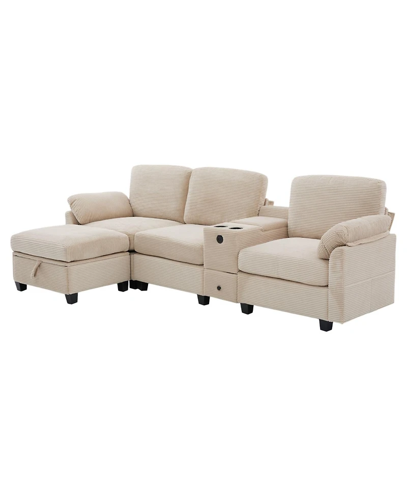 Streamdale Furniture L-Shape Corduroy Sofa- 4-Seater, Usb, Storage, Console & Ottoman