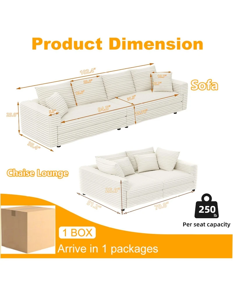 Streamdale Plush Corduroy 4-Seat Sofa with Ottomans - Beige