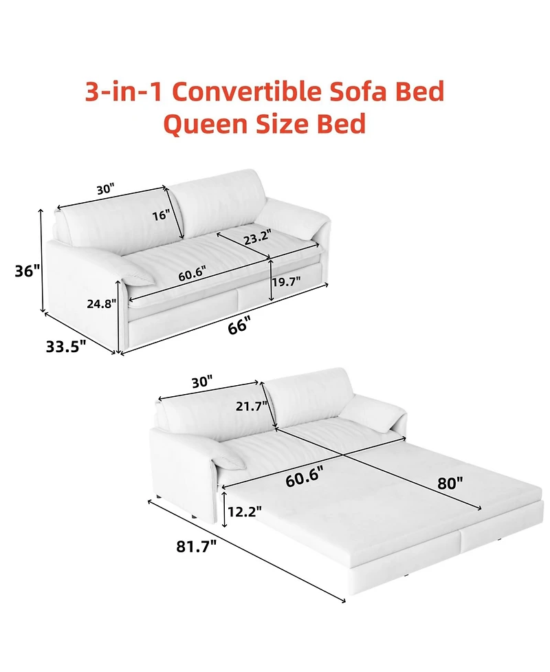 Streamdale Furniture 66" Queen Pull Out Sleeper Sofa Bed - Velvet Loveseat with Storage