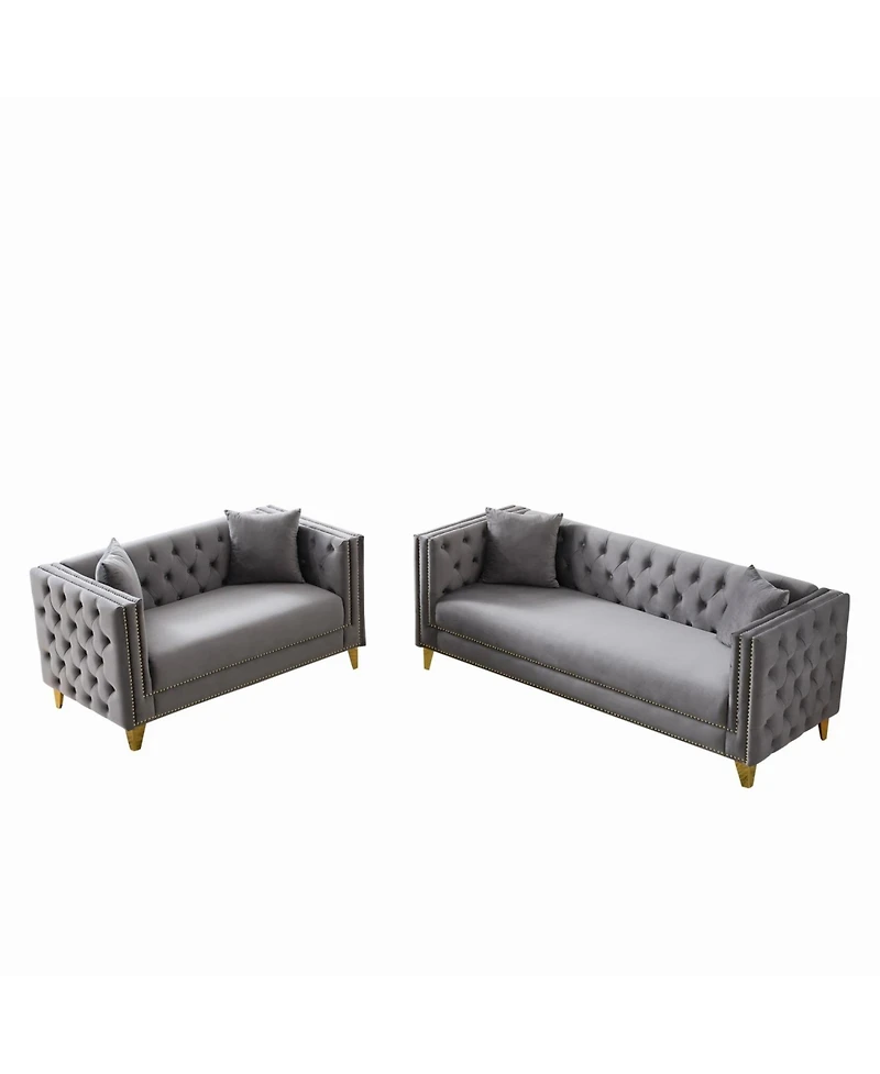 Streamdale Furniture Chesterfield Velvet Sofa, 3+2-Seater, Button Nailhead, Grey