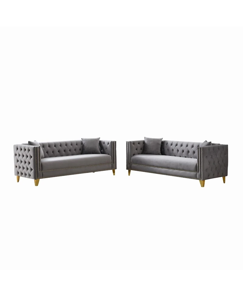 Streamdale Furniture Chesterfield Velvet Sofa, 3+3 Seater, Button Nailhead, Square Arm