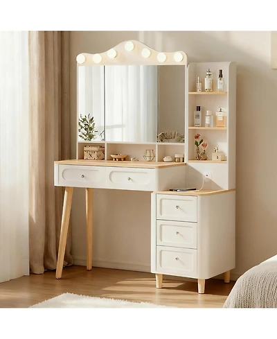 Streamdale Furniture Vanity Desk with Lighted Mirror, Usb Power, Drawers & Chest