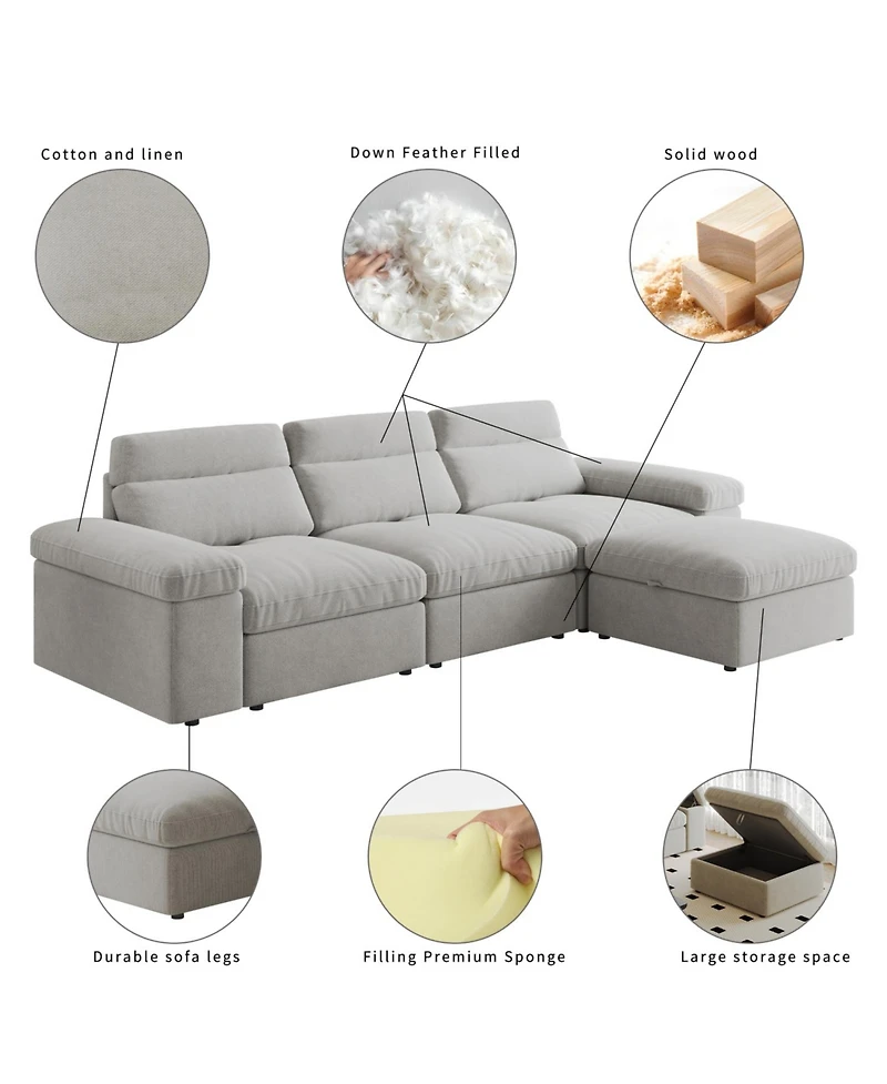 Streamdale Furniture Modular Down & Linen Sofa with Adjustable Back & Storage