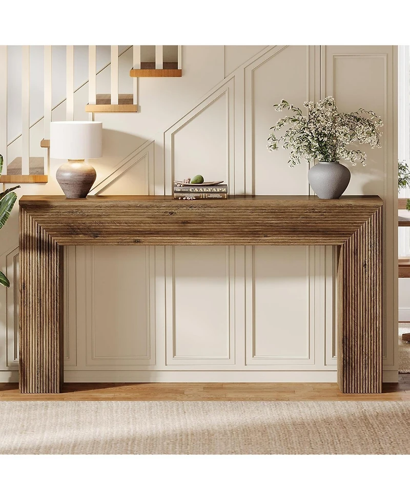 Tribesigns 63" Console Table, Rustic Fluted Long Sofa Table Behind Couch for Entryway, Living Room, Hallway, Foyer, Brown