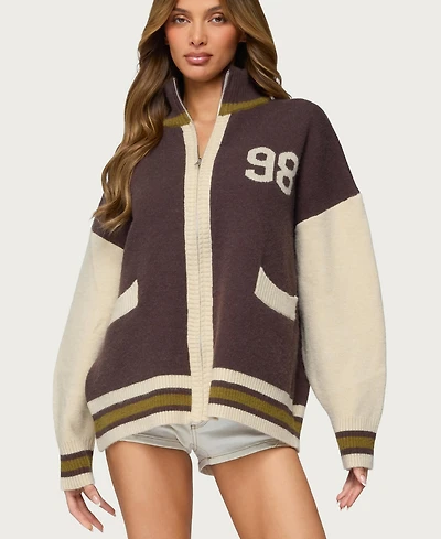 Edikted Womens 98 Varsity Zip Up Sweater