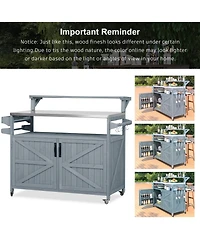 Clihome 53.3" Outdoor Kitchen Island with Raised Shelf, Solid Wood Outdoor Rolling Grill Cart with Internal Storage