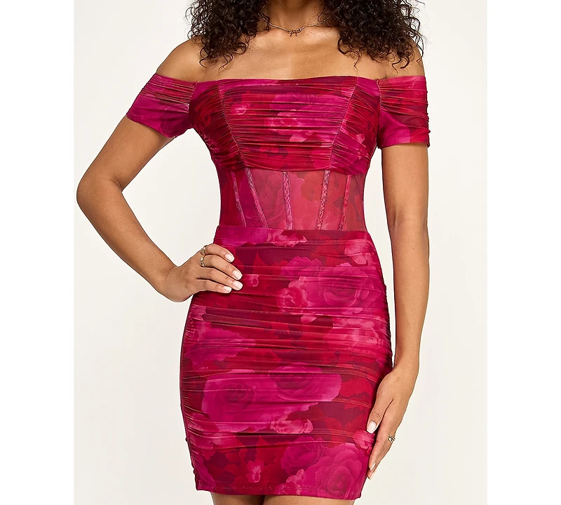 Katia Rae Juniors' Printed Mesh Off-The-Shoulder Short Dress