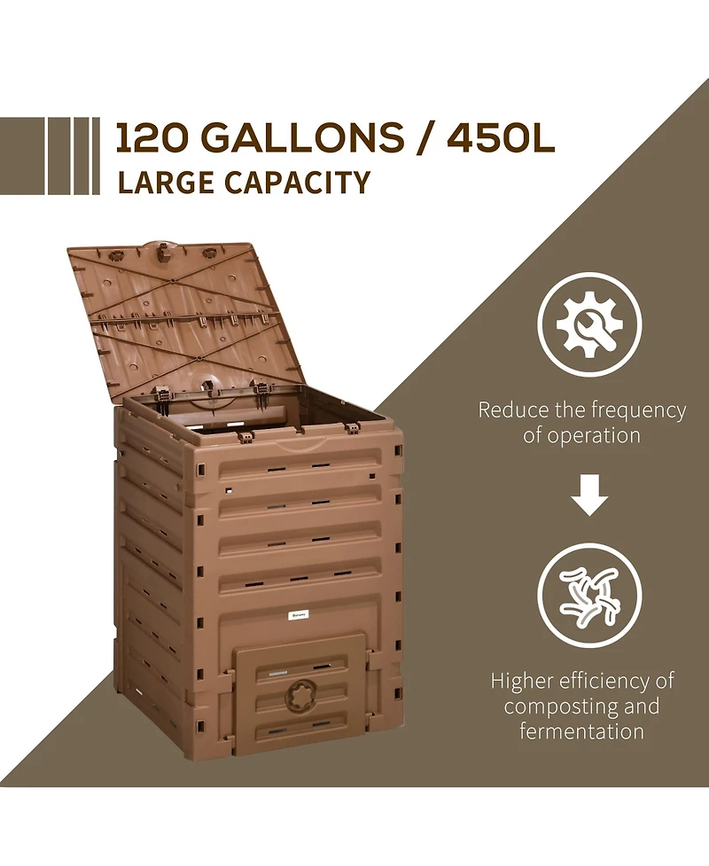 Outsunny Garden Compost Bin, 120 Gallon (450L) Garden Composter with 80 Vents and 2 Sliding Doors, Lightweight & Sturdy, Fast Creation of Fertile Soil