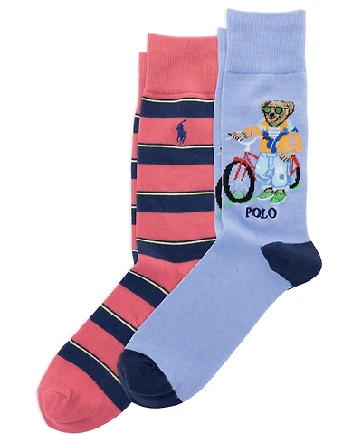 Polo Ralph Lauren Men's Harbour Island Bear and Classic Stripe Crew Socks, 2-Pack