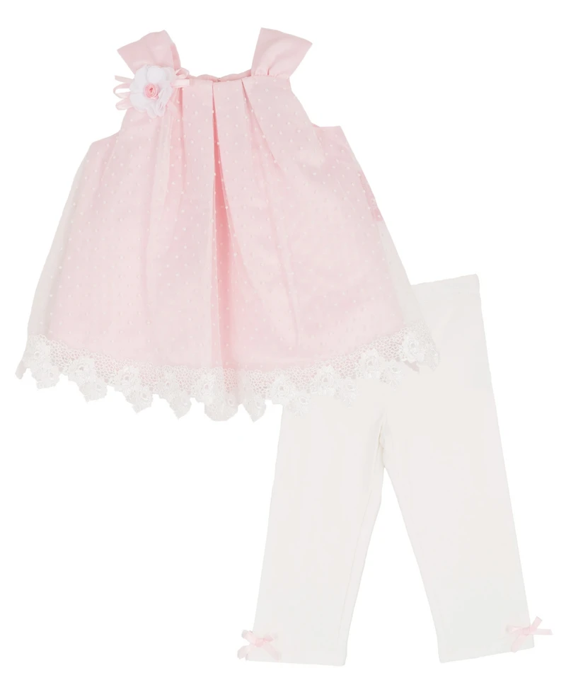 Rare Editions Baby Girls' Clip Dot Round Neck Mesh Top and Knit Leggings, 2-Piece Set