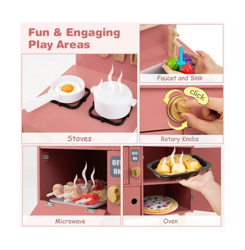 Hongge Wooden Kids Play Kitchen Set with Interactive Cooking Areas and Storage Shelves