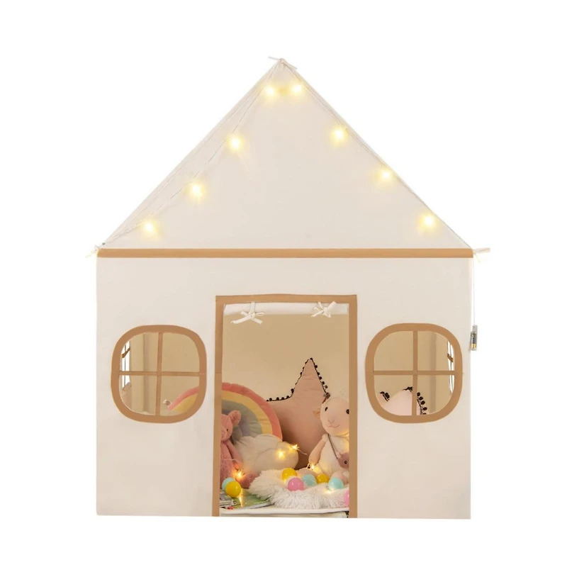 Kids Indoor Play Tent with Windows Star Lights Mat and Storage Pockets