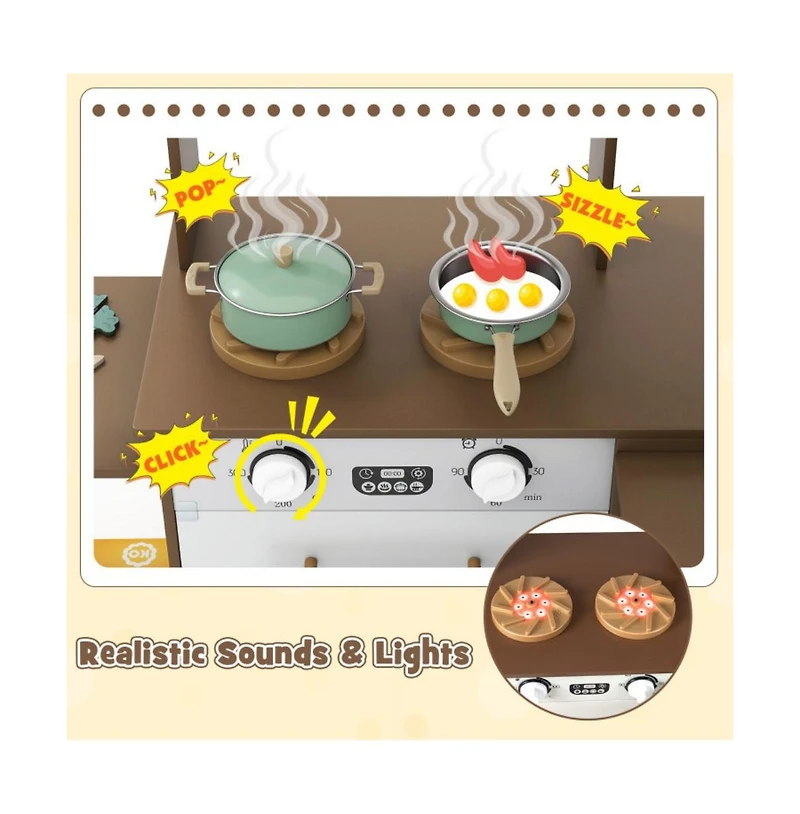 Hongge Kids Corner Wooden Play Kitchen with Lights Sounds Retractable Countertop and Storage