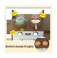 Hongge Kids Corner Wooden Play Kitchen with Lights Sounds Retractable Countertop and Storage