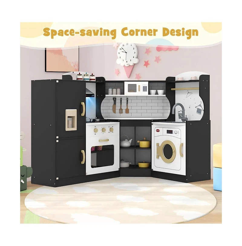 Kids Wooden Corner Play Kitchen Set with Storage and Pretend Cooking Features