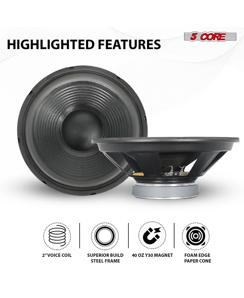 5 Core Car Subwoofer 2Pc 10" 3000W Pro Audio Deep Bass Component Sub Woofer 4Ohm Replacement Speaker