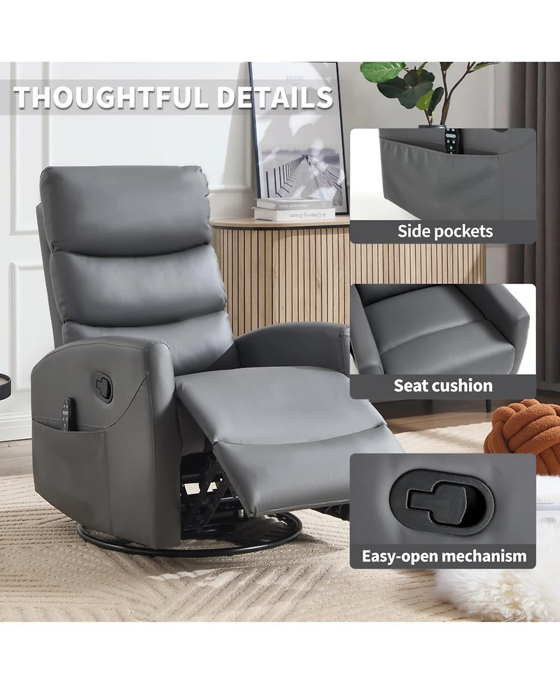 Streamdale Furniture Heat Massage Rocker Recliner Chair, Swivel Fabric, Grey