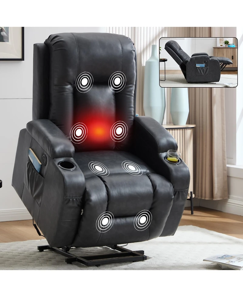 Streamdale Furniture Streamdale Dark Grey Power Lift Recliner, 350 Lbs, Massage, Heat, Usb & Cup Holders