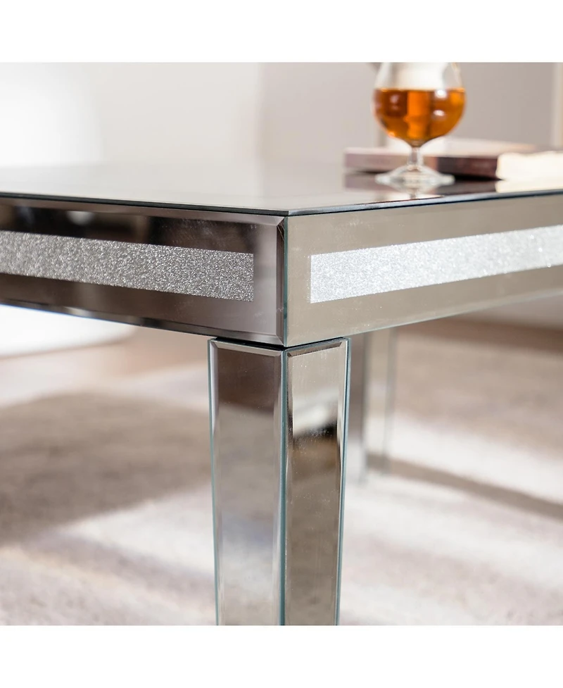 Streamdale Furniture Silver Crushed Crystal Coffee Table, Mirrored Glass, Glam Modern