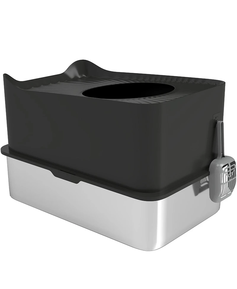 Aostirmotor Black Stainless Steel Top-Entry Cat Litter Box with Scoop & Odor Control – 17.2 Gallon, for Cats