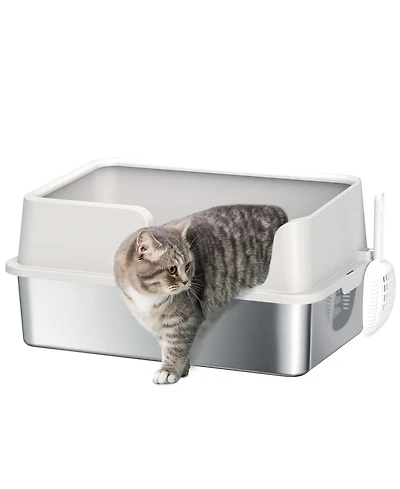 Aostirmotor Light Gray Stainless Steel Litter Box for Large Cats: High Sides & Scoop, Elevate Your Space with Sleek