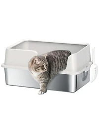 Aostirmotor Light Gray Stainless Steel Litter Box for Large Cats: High Sides & Scoop, Elevate Your Space with Sleek