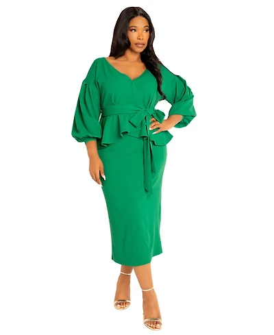 Buxom Couture Women's Plus Off Shoulder Peplum Midi Dress