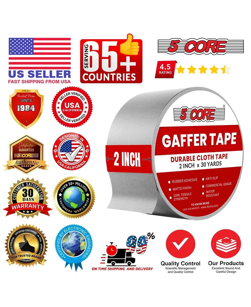 5 Core Gaffers Tape 2" 30 Yards 4Pcs No Residue Water Resistant Matte Heavy Duty