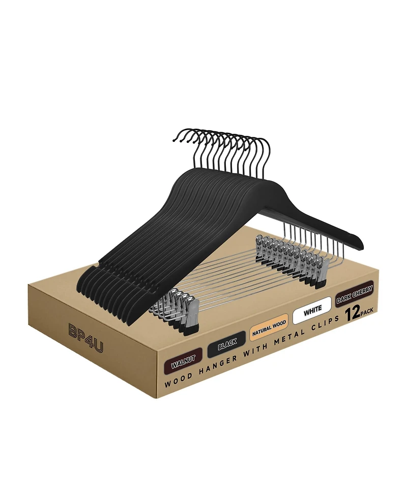 BP4U Premium Wooden Clothes Hangers with Swivel Hook – Solid Wood Skirt/Pant Clips for Suits and Coats