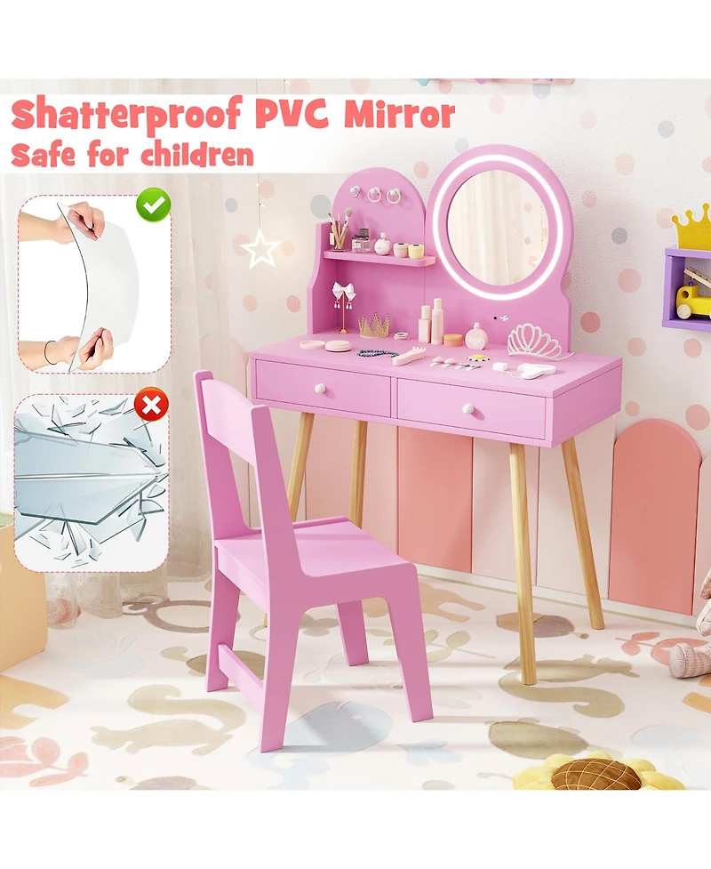 Gymax Kids Vanity Set with Lighted Mirror Princess Makeup Dressing Desk & Chair