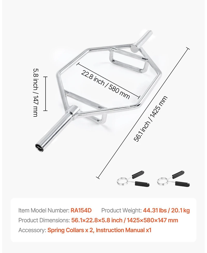Mecale Trap Bar Hex Bar, 2-Inch Hex Barbell, 500 lb Capacity Strength Training Bar for Deadlifts and Squats
