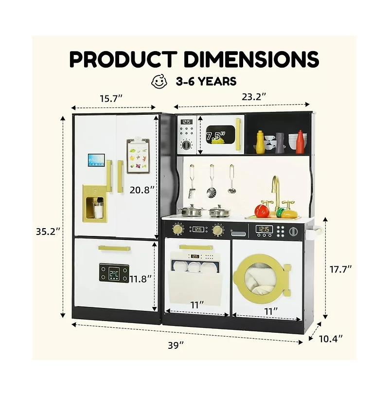 Kinder King Pretend Play Kitchen Wooden Toy Set for Kids with Sounds, Utensils, Oven & Microwave, Gift Age 3+