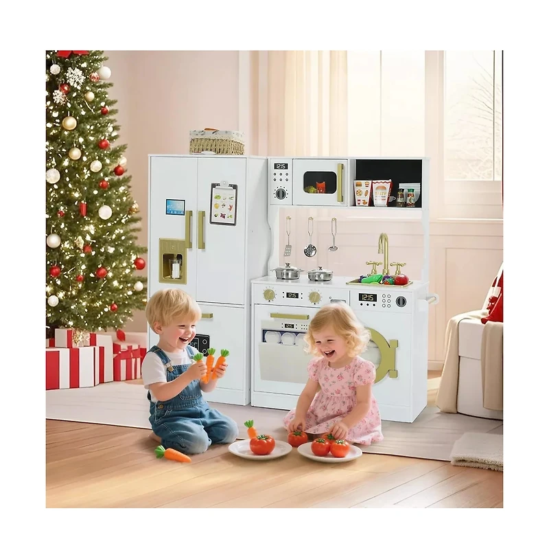 Kinder King Pretend Play Kitchen Wooden Toy Set for Kids with Sounds, Utensils, Oven & Microwave, Gift for Age 3+